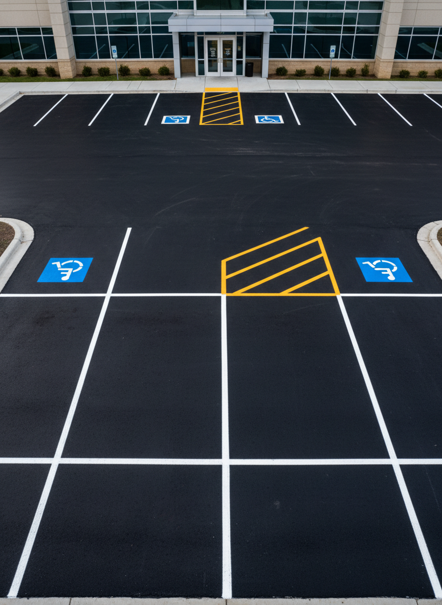A detailed, front-facing view of a professionally striped parking lot at an Oklahoma medical or office facility, highlighting bright, precisely painted white parking lines, blue ADA-accessible spaces with crisp wheelchair symbols, and bold yellow crosswalks leading toward the entrance. The asphalt surface is dark and recently sealed, with a light sheen that subtly reflects the neutral building façade in the distance. Early evening light provides soft, even illumination with minimal shadows, enhancing visibility of markings and textures. The camera angle is slightly elevated to emphasize the geometry and alignment of striping, creating an orderly, symmetrical composition. The atmosphere feels safe, organized, and welcoming, reinforcing compliance, accessibility, and attention to detail in clean, professional photographic realism.